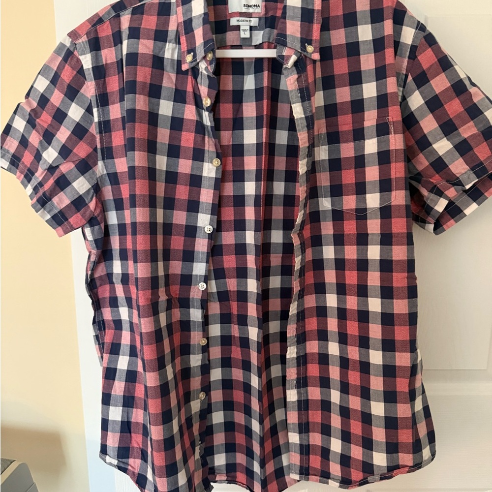 Sonoma Plaid Button-Down Shirt - Navy, Pink & White